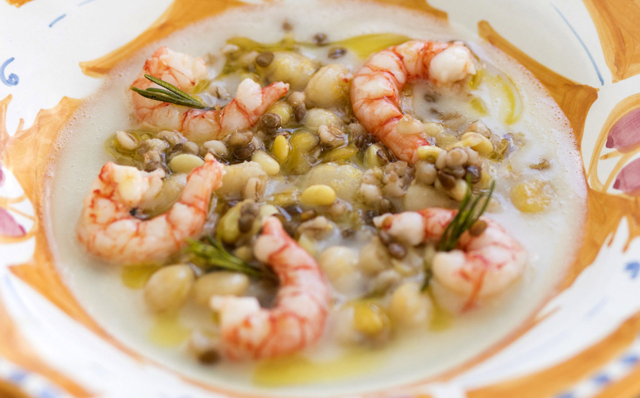 Lentil, barley and mixed bean soup with shrimps Le Sirenuse Positano